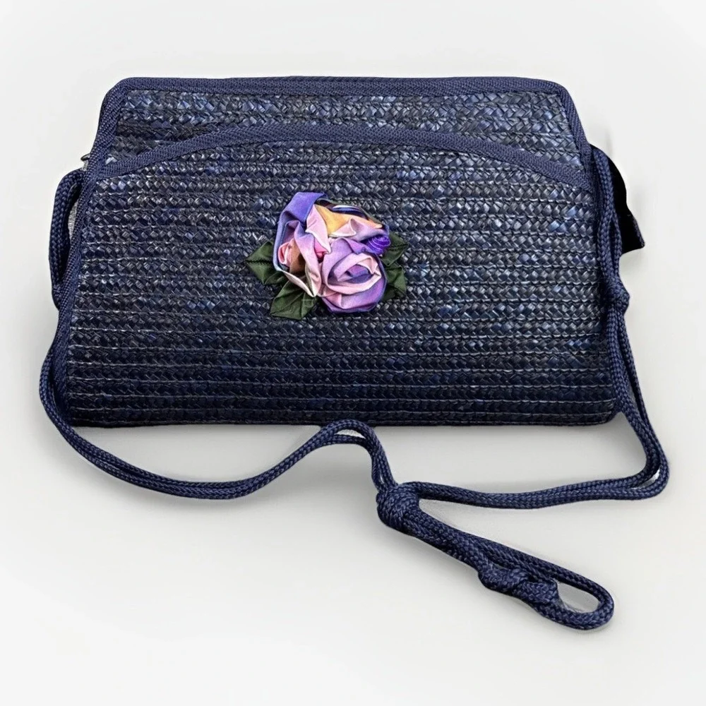 Navy Blue Straw Clutch Purse Bag Crossbody 3D Floral Appliqué Boho Basket Beachy